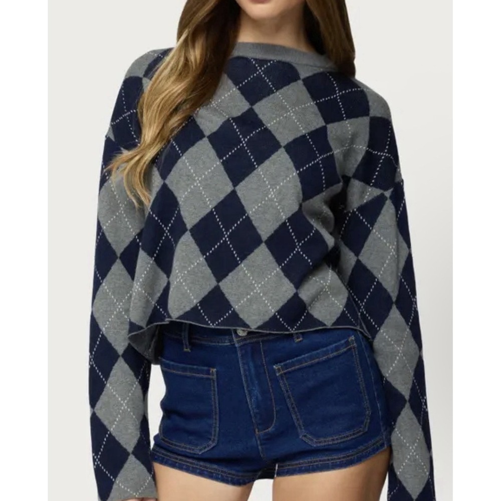 Edikted Prep Girl Argyle Knit Top Size XS Navy Gray